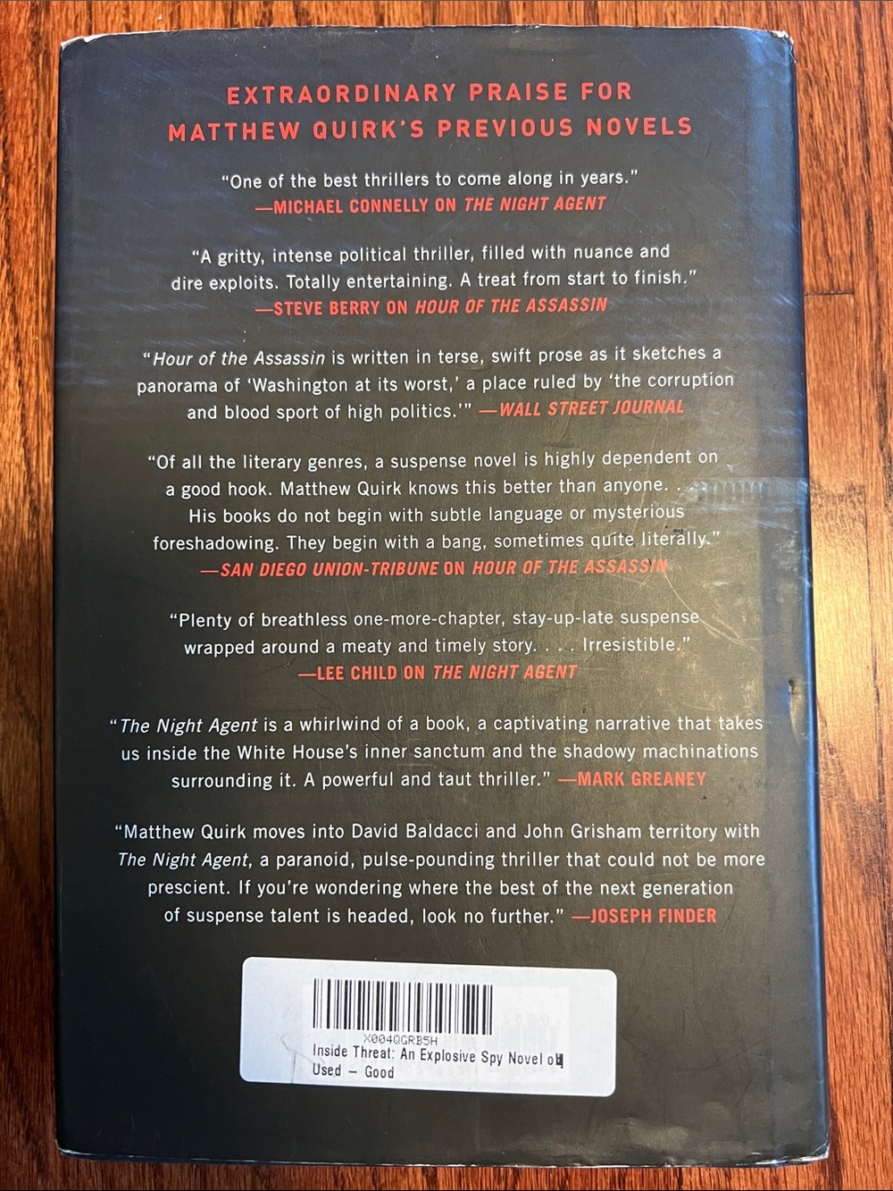 Inside Threat hardcover book by Matthew Quirk. Author of The Night Agent - Picture 2 of 6